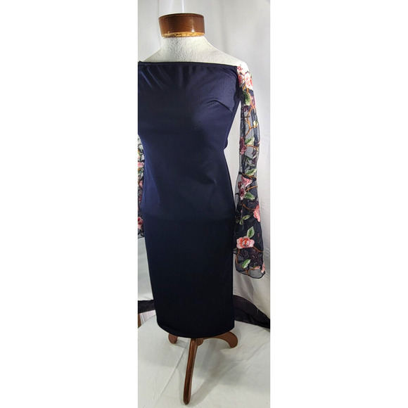 Club L London Size 14 Navy Embroidered Floral Sheer Bell Sleeve Cocktail Dress - Picture 2 of 8